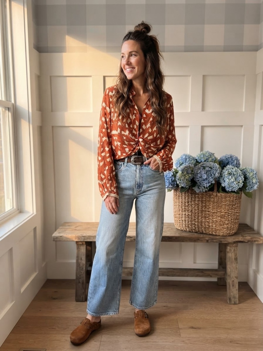 Zara Rust Orange Abstract Print Knot-Front Blouse